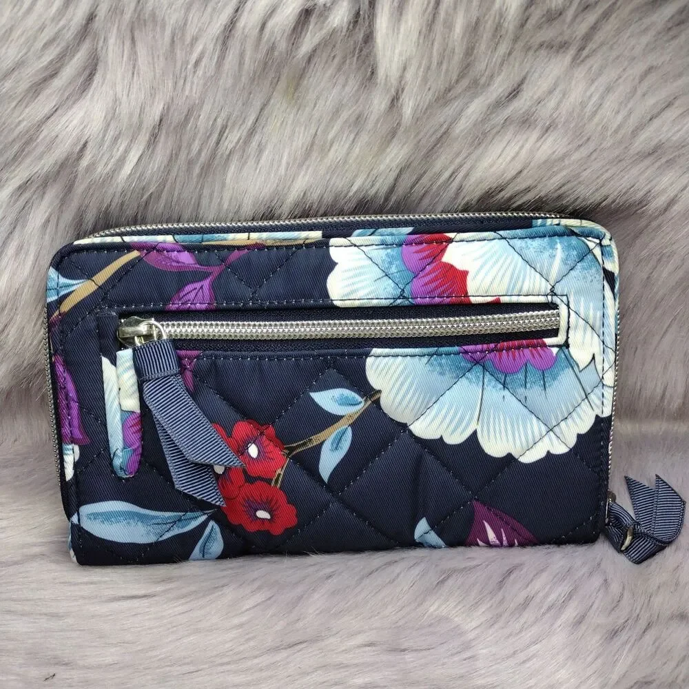 Vera Bradley RFID Turnlock & Zip Wallet - Mayfair in Bloom Navy Blue Twill - Picture 6 of 7